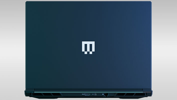 Lid shot of Maingear's Super 16 laptop on a gray gradient background.