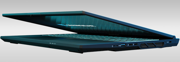 Angled side render of Maingear's Super 16 laptop on a gray gradient background.