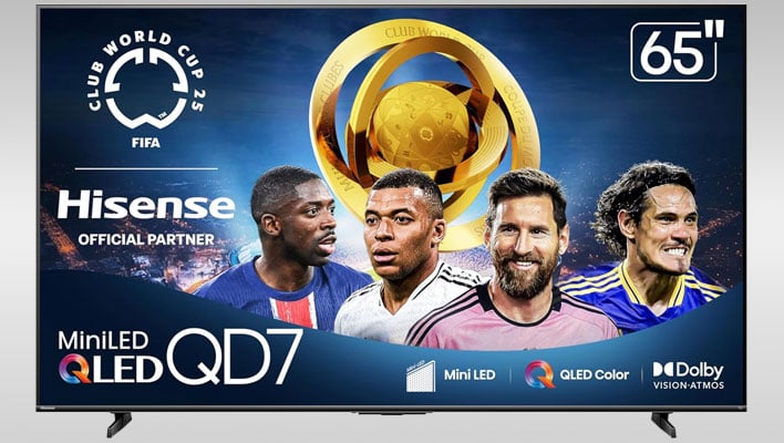 Hisense QD7 mini LED TV on a gray gradient background.