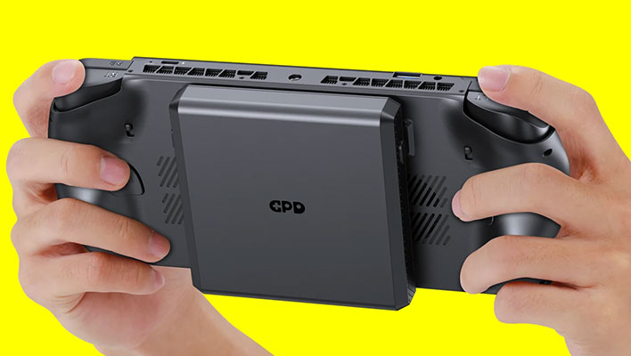 GPD Win 5 rear view showing the detachable battery backpack attached.