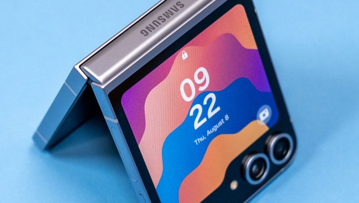 Samsung Galaxy Z Flip6 on a blue background.