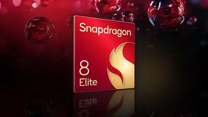 Angled render of a Snapdragon 8 Elite chip in front of bubbles and a red and black background.