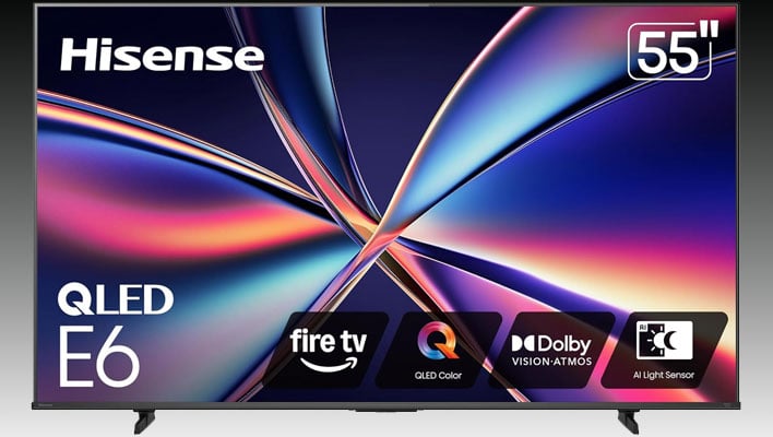 Hisense E6 QLED Fire TV on a black and gray gradient background.