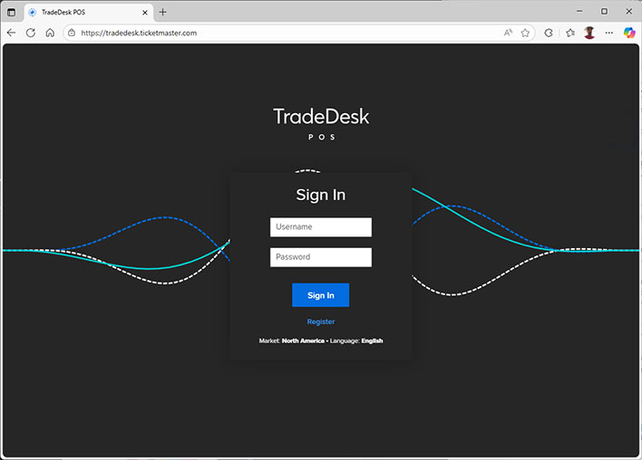 Screenshot of Ticketmaster's TradeDesk login page in Edge.