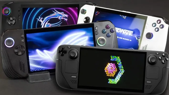 A pile of PC gaming handhelds.