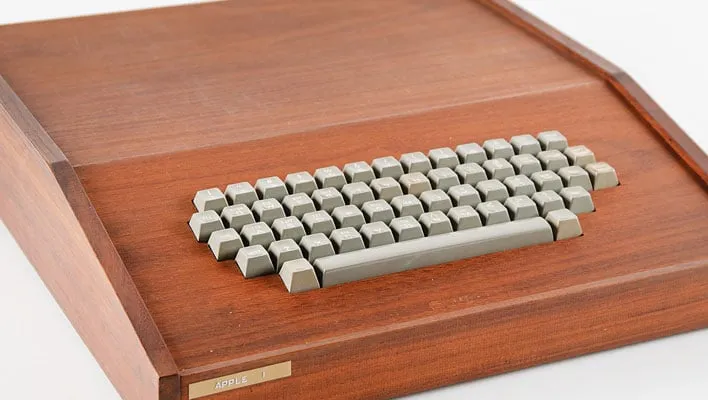 Angled Apple-1 in a wooden case.