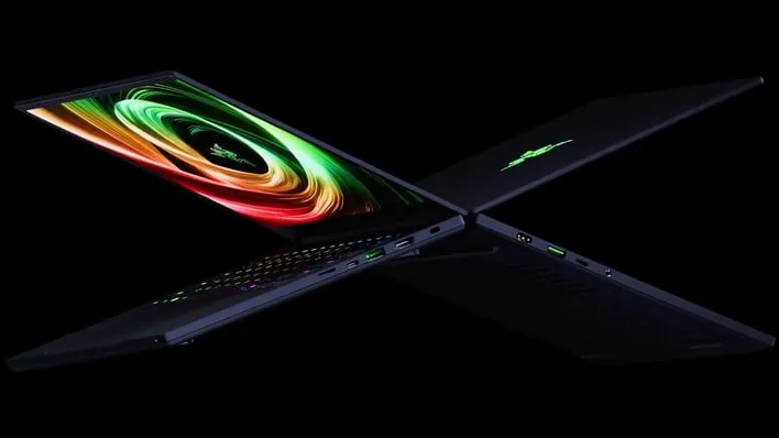 Side renders of two Razer Blade 14 gaming laptops on a black background.
