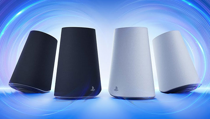 Sony Pulse Elevate speakers in black and white on a blue background (render).