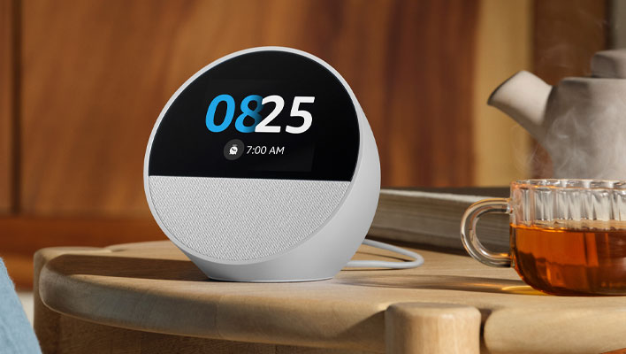Amazon Echo Spot on a nightstand.