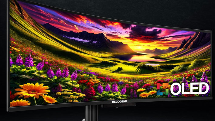 Closeup angled render of Deco Gear's 49-inch OLED monitor.
