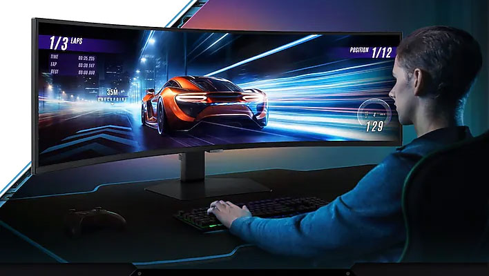 Gamer playing on Samsung's 49-inch Odyssey G95C monitor (render).