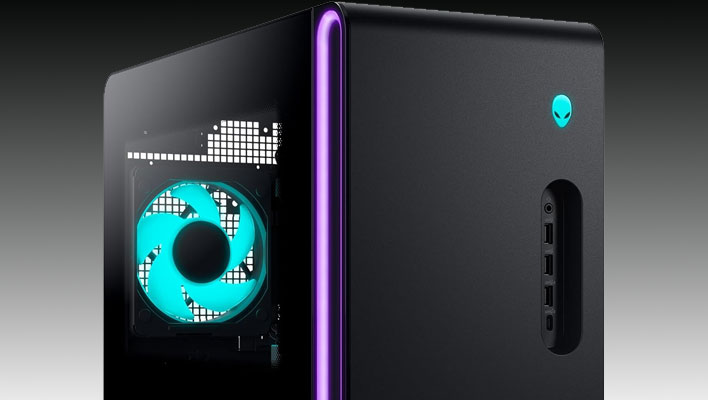 Top closeup render of Alienware's Aurora gaming PC on a black and gray gradient background.
