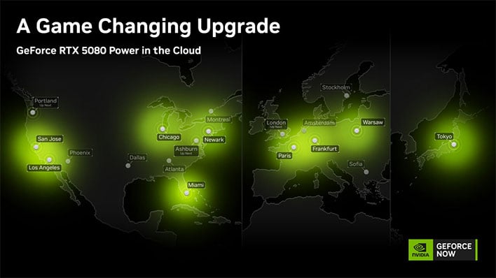 Map showing where access to GeForce RTX 5080 pods are available for GeForce NOW.
