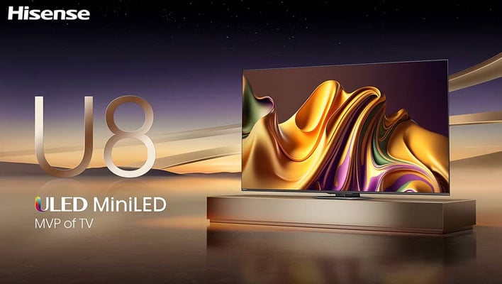 Hisense U8 TV on a pedestal in a desert at night (render).