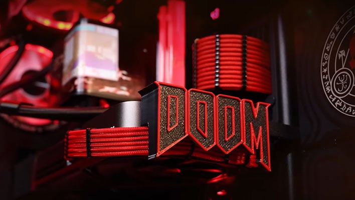 Closeup of the GPU bracket inside Maingear's Doom Edition gaming PC.
