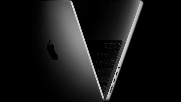 Render of an partially open Apple MacBook Pro on a black background.