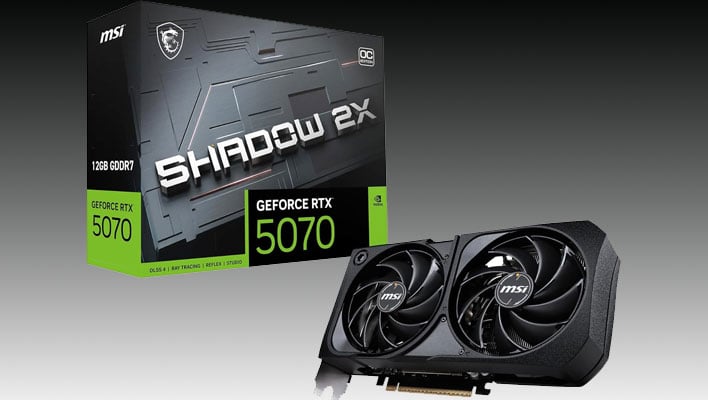 Renders of the MSI Gaming GeForce RTX 5070 Shadow 2X OC graphics card and box on a black and gray gradient background.