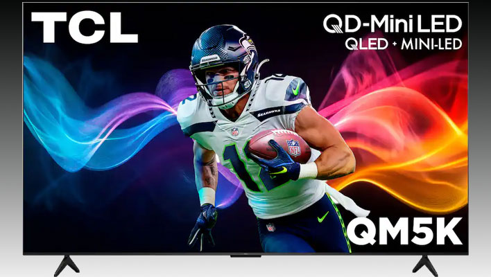 TCL QM5K TV on a black and gray gradient background.