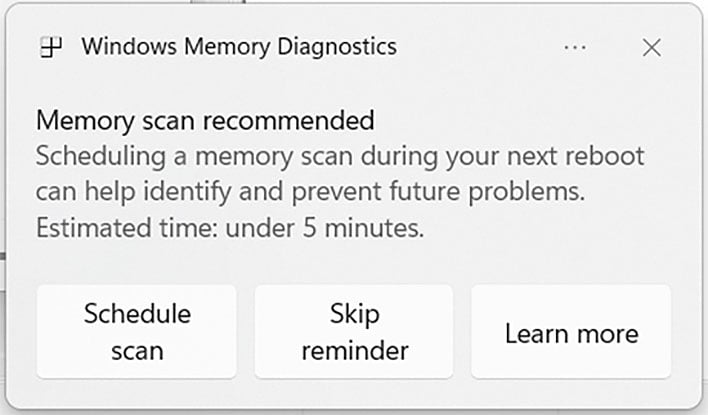 Windows Memory Diagnostics pop-up message.