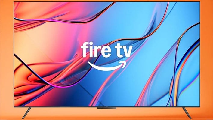 Amazon Fire TV Omni Mini LED series TV on an orange background.