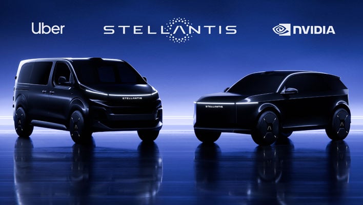 Banner image for Stellantis, Uber, and NVIDIA showing a pair of vehicles of a blue background.