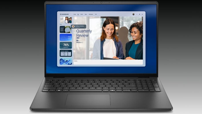 Dell 16 laptop on a black and gray gradient background.