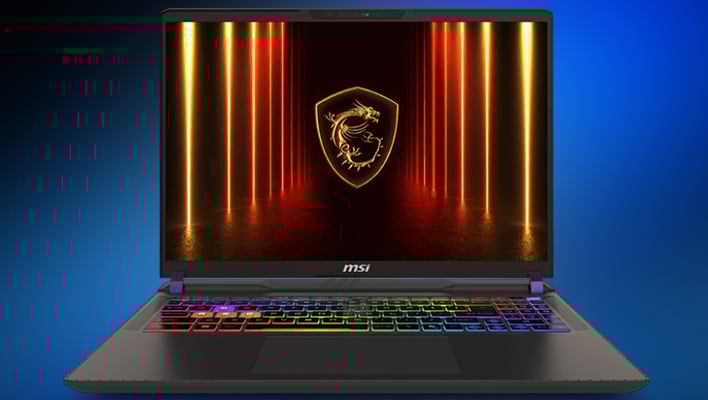 MSI Vector laptop (render) on a blurred blue background.