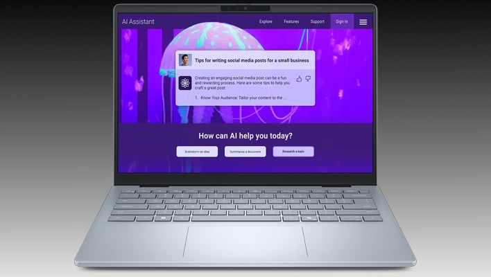 Dell 14 Plus laptop on a black and gray gradient background.