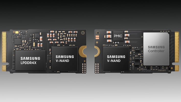 Samsung PM9E1 SSDs on a gray and black gradient background.