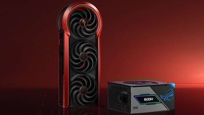 ASUS ROG Matrix Platinum GeForce RTX 5090 next to a PSU.