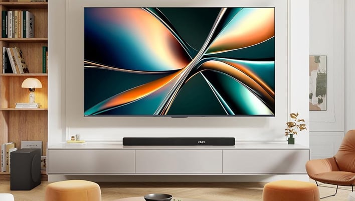 Hisense TV mounted on a wall.