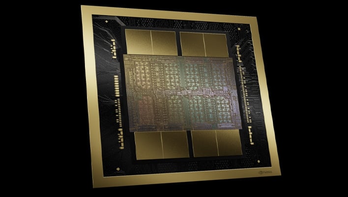 Angled render of NVIDIA's Blackwell Ultra silicon on a black background.