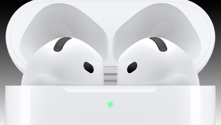 Closeup render of the AirPods 4 in a charging case on a black and gray gradient background.