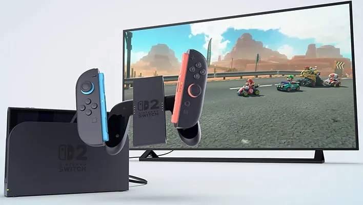Nintendo Switch 2 next to a TV.