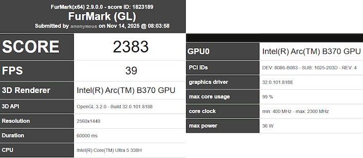 furmark result panther lake