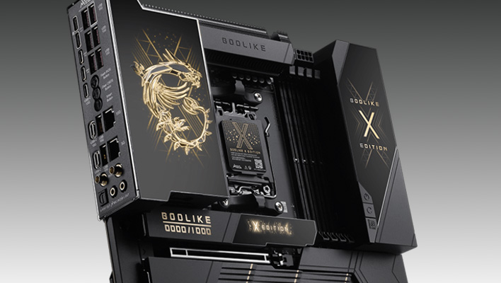 Closeup top angled render of MSI's MEG X870E Godlike X Edition motherboard on a black and gray gradient background.