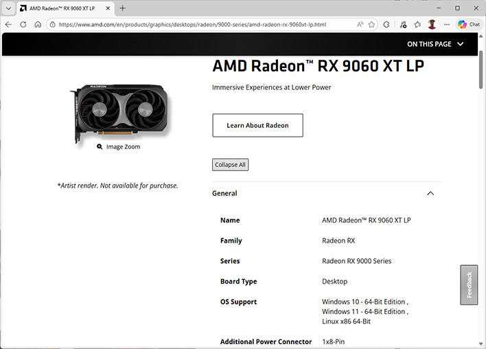 AMD product page for the Radeon RX 9060 XT LP, in the Edge browser.
