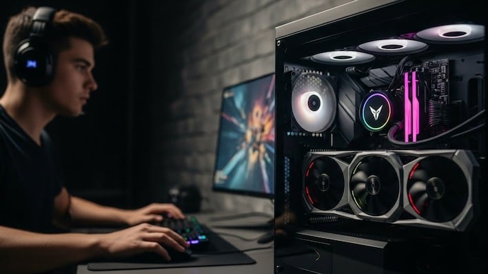 young man playing games on gaming pc