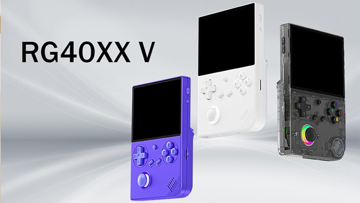 Anbernic RG40XX V gaming handhelds in three different colors.
