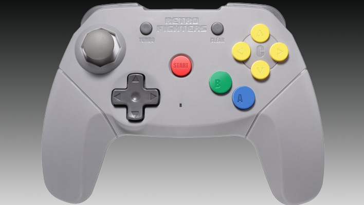 Retro Fighters Brawler64 controller on a gray and black gradient background.