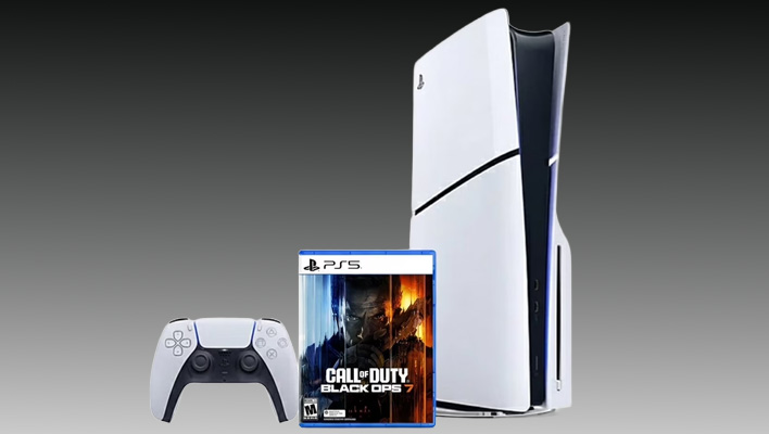 PlayStation 5 Slim, DualSense controller, and Call of Duty: Black Ops 7 game on a black and gray gradient background.
