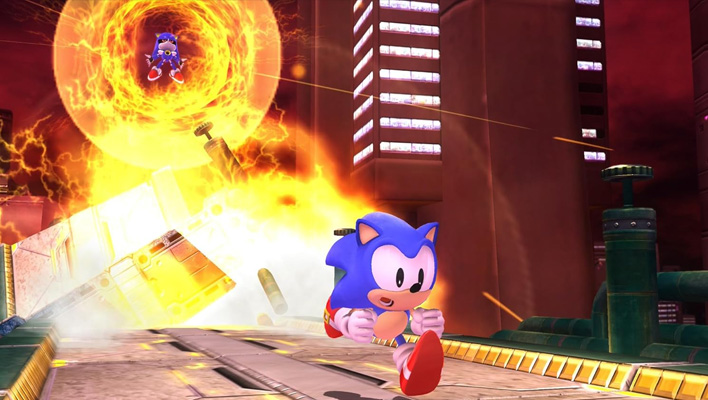 Sonic running in Sonic X Shadow Generations.