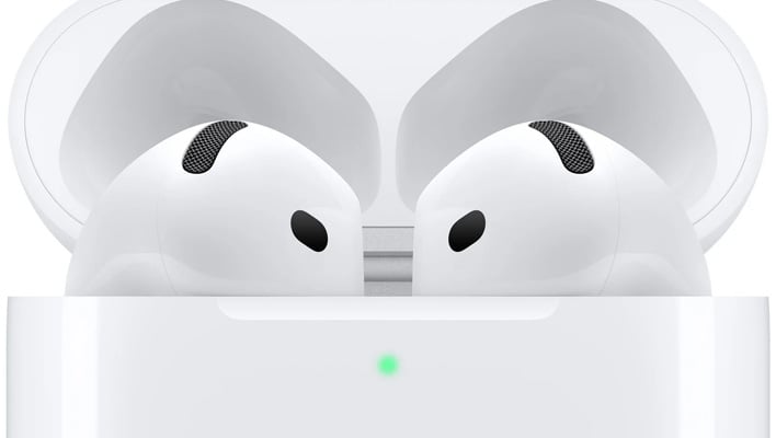 Closeup of Apple AirPods 4 in a charging case (render).