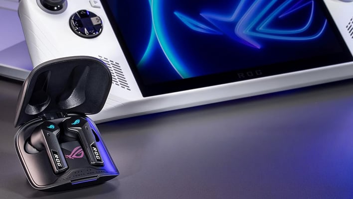 ASUS ROG Cetra True Wireless SpeedNova earbuds next to an Ally handheld.