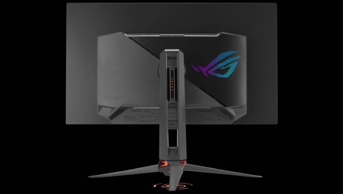 Rear render of the ASUS ROG Swift OLED PG32UCDM Gen 3 montitor on a black background.