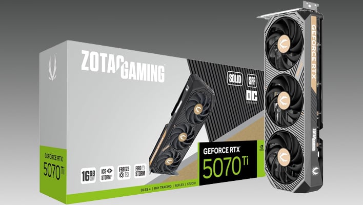 Zotac Gaming GeForce RTX 5070 Ti Solid SFF OC card and box on a gray gradient background.