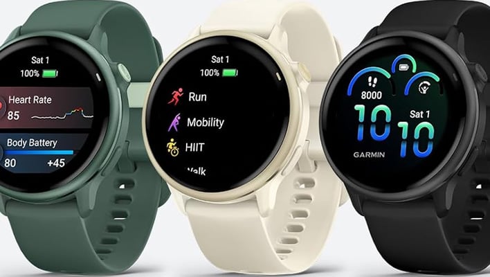 Three Agrmin Vivoactive 6 smartwatches.