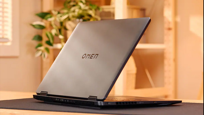 Rear angled view of an HP Omen gaming laptop.