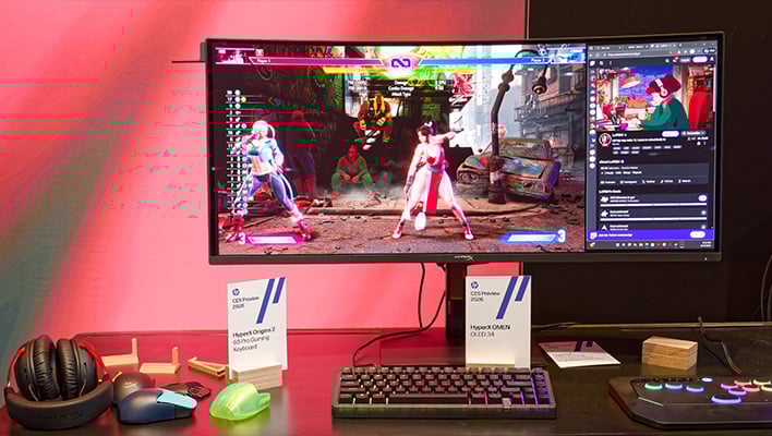 HP HyperX Omen OLED 34 monitor on a desk.