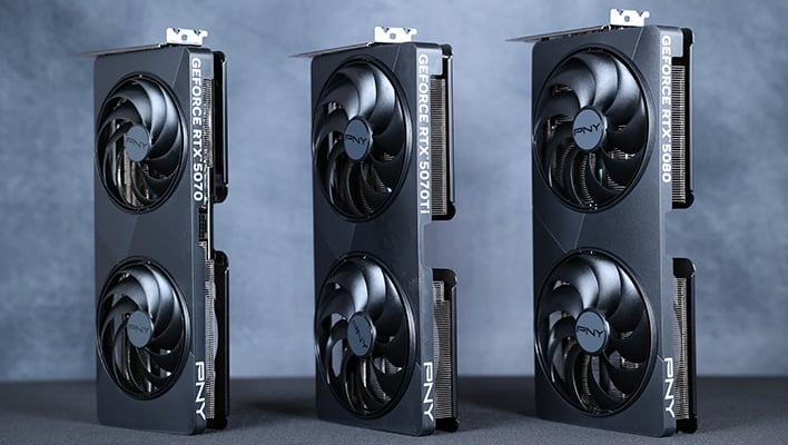 Three PNY GeForce RTX 50 Slim series graphics cards standing vertical and angled.
